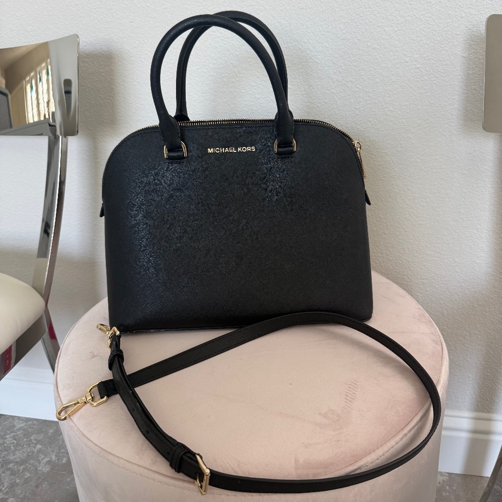 Michael Kors Saffiano Leather Dome Satchel – Black with Gold Hardware